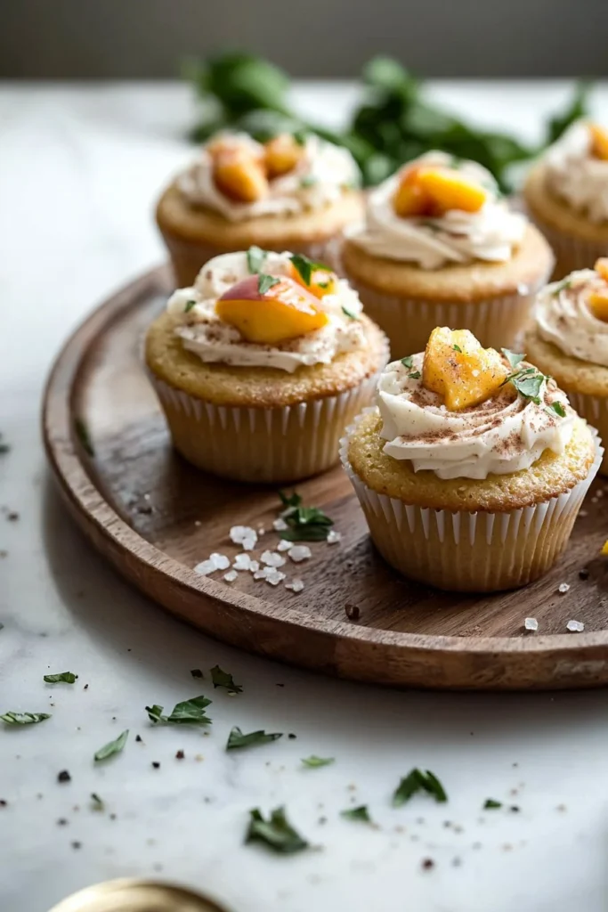 Delicious Peach Cobbler Cupcakes topped with peach slices and crumble