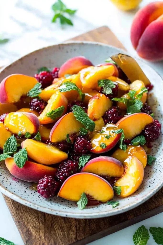 Refreshing peach fruit salad with mint served in a bowl