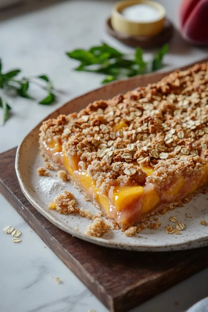 Delicious Peach Pie Crumble Bars topped with buttery crumble