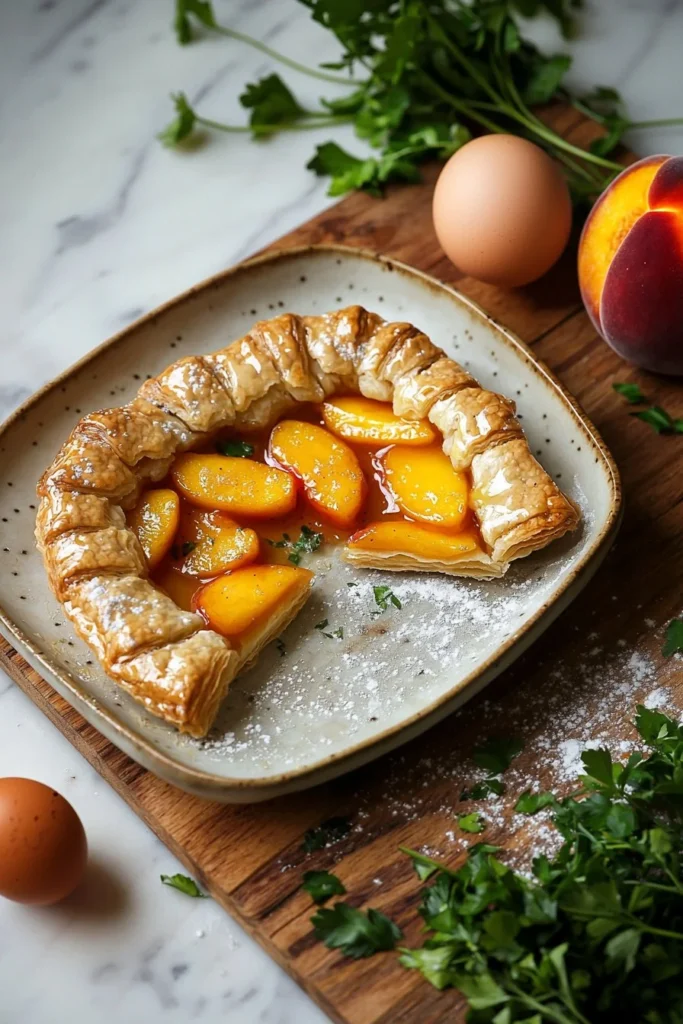 Delicious homemade Peach Puff Pastry Tart with fresh peaches and golden pastry crust