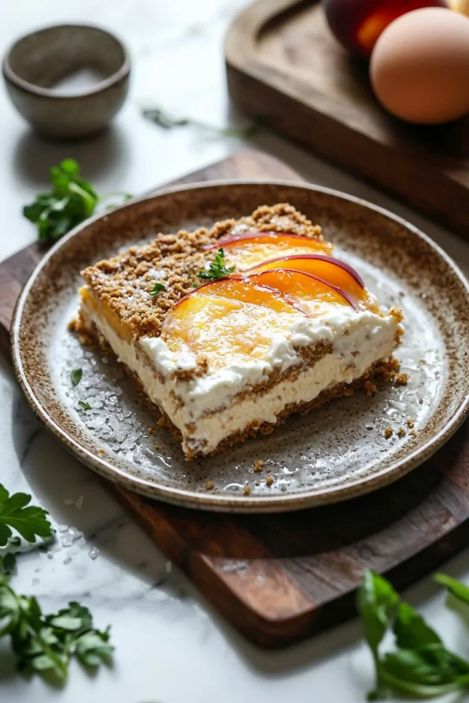 Delicious peaches and cream cheesecake bars sliced on a plate.