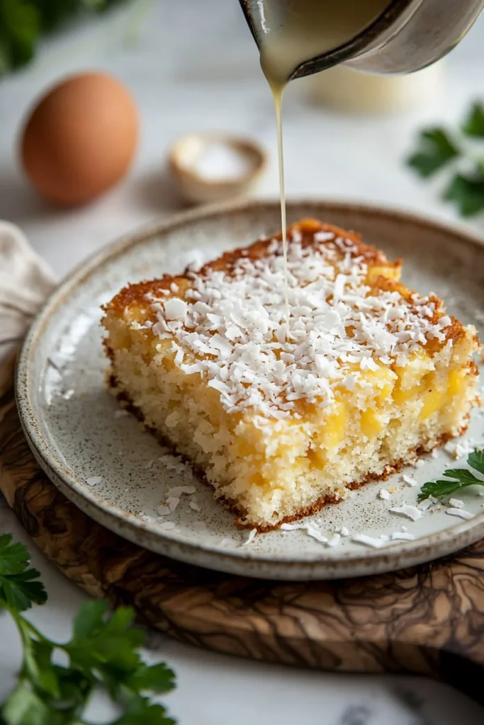 Delicious Pineapple Coconut Cake topped with coconut flakes and pineapple slices