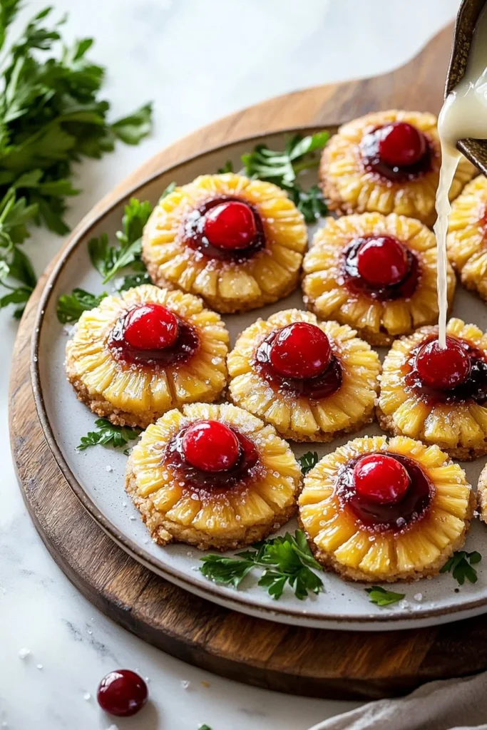Pineapple Upside-Down Sugar Cookies topped with pineapple slices and cherries.