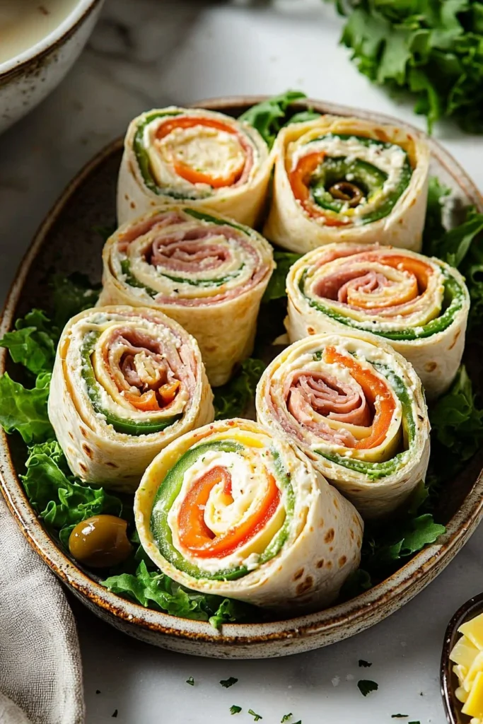 Variety of colorful pinwheel sandwiches on a platter