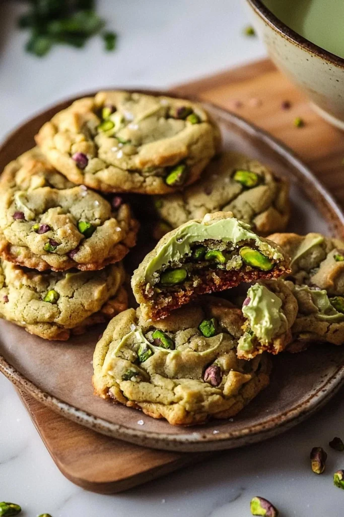 Pistachio cream cookies on a plate, showcasing their green color and creamy texture.