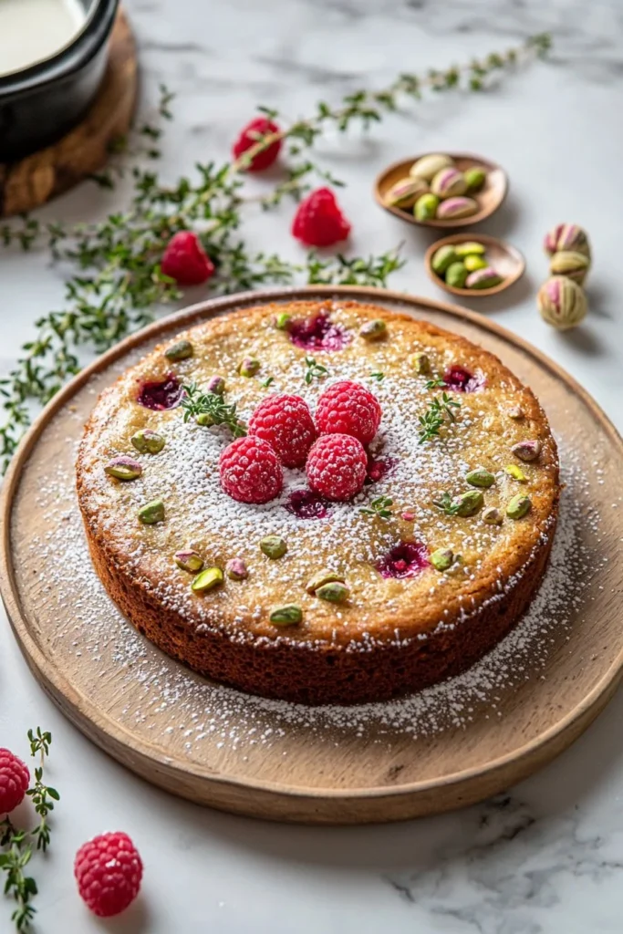 Delicious Pistachio Raspberry Cake topped with fresh raspberries and pistachios.