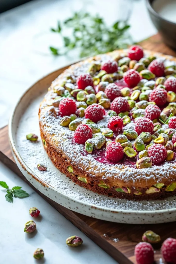Delicious pistachio raspberry cake topped with fresh raspberries and pistachio nuts