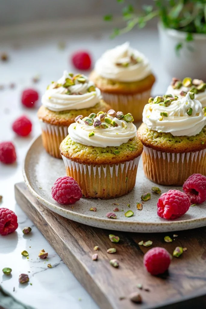 Pistachio raspberry cupcakes topped with creamy frosting and fresh raspberries