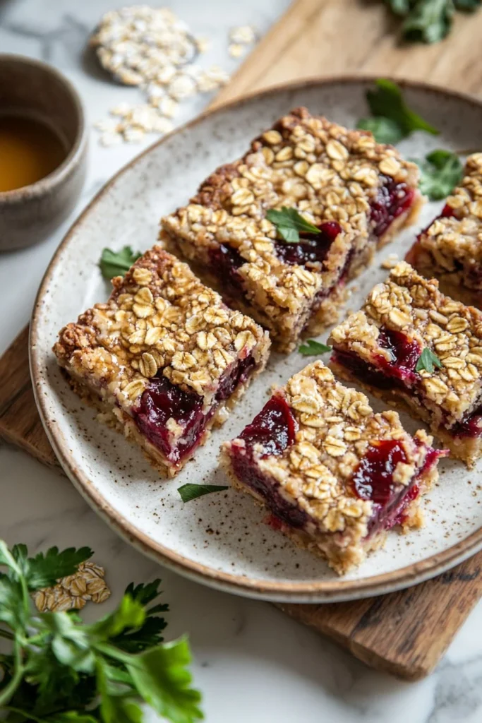 Homemade plum breakfast bars with fresh plums and oats.