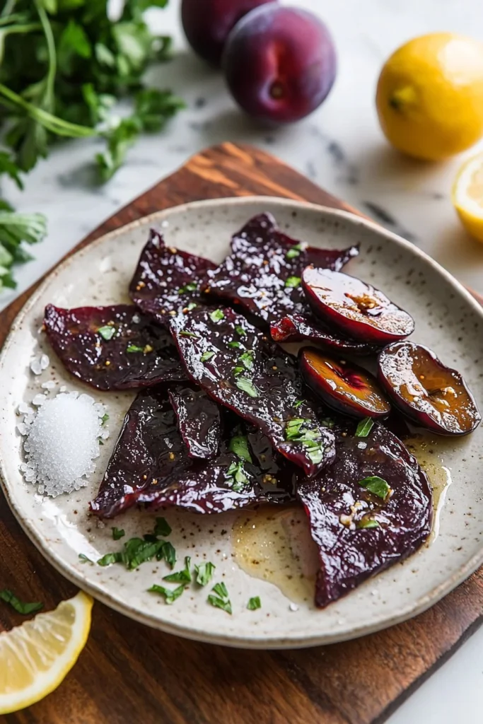Homemade plum fruit leather snack, made with fresh plums and no additives.