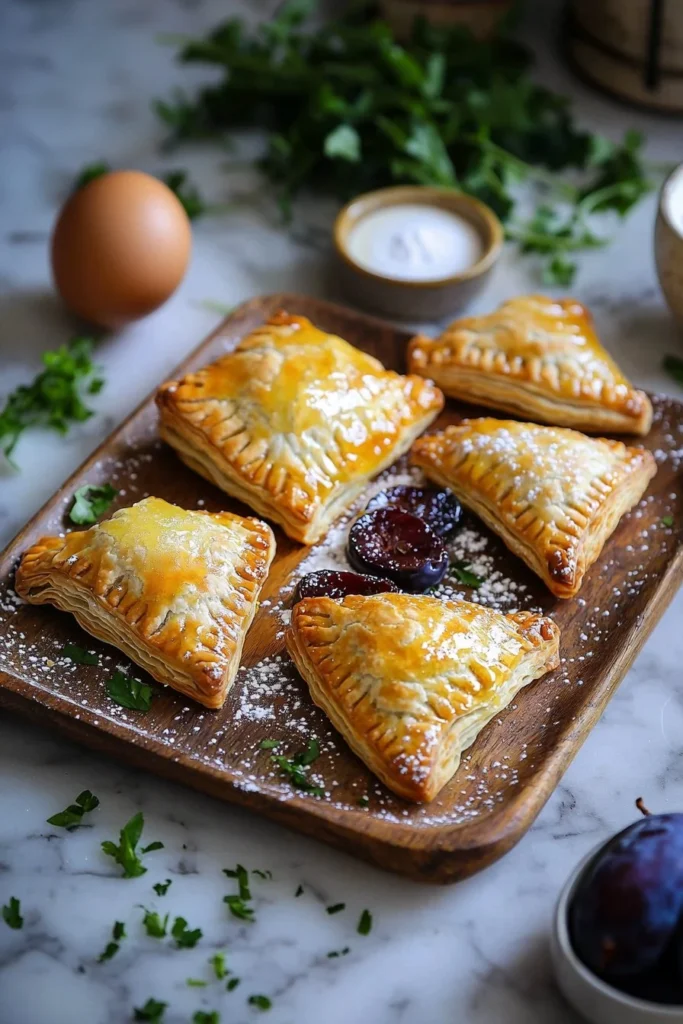 Freshly baked plum turnovers with golden flaky crust and juicy filling