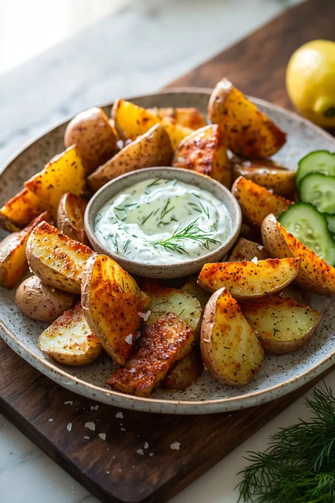 Crispy potato wedges served with creamy cucumber dip on a white plate