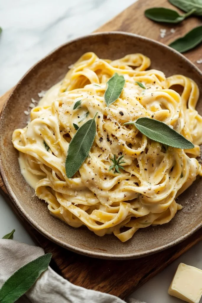 Pumpkin Alfredo Pasta topped with crispy sage leaves, showcasing fall flavors.