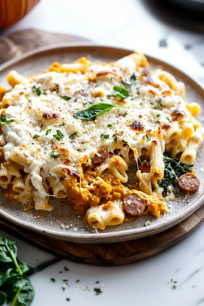 Pumpkin Sausage Pasta Bake topped with herbs and cheese