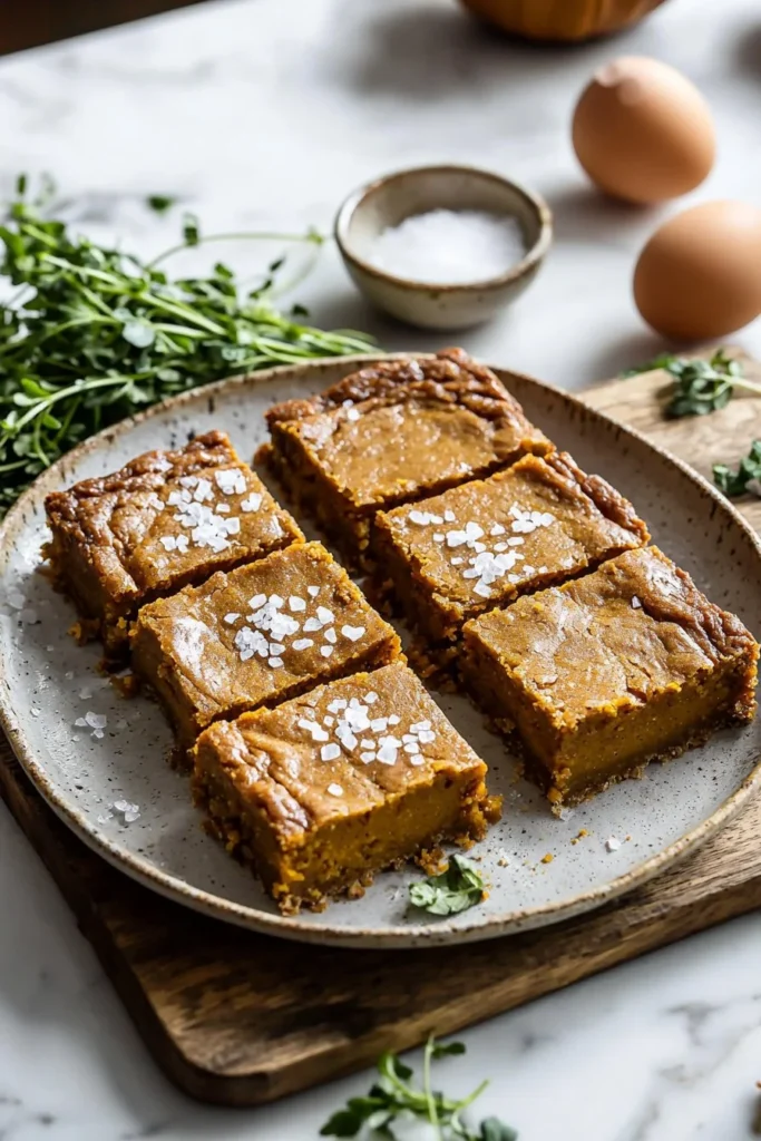 Delicious homemade pumpkin bars with cream cheese frosting on a wooden table.