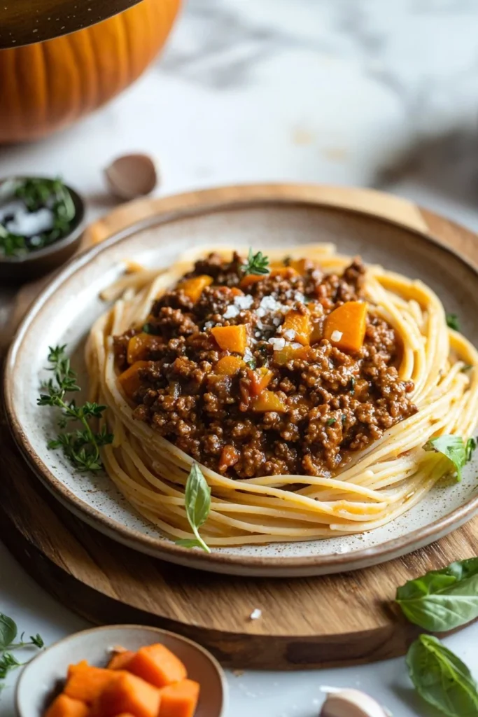 A bowl of Pumpkin Beef Bolognese garnished with herbs and parmesan cheese.