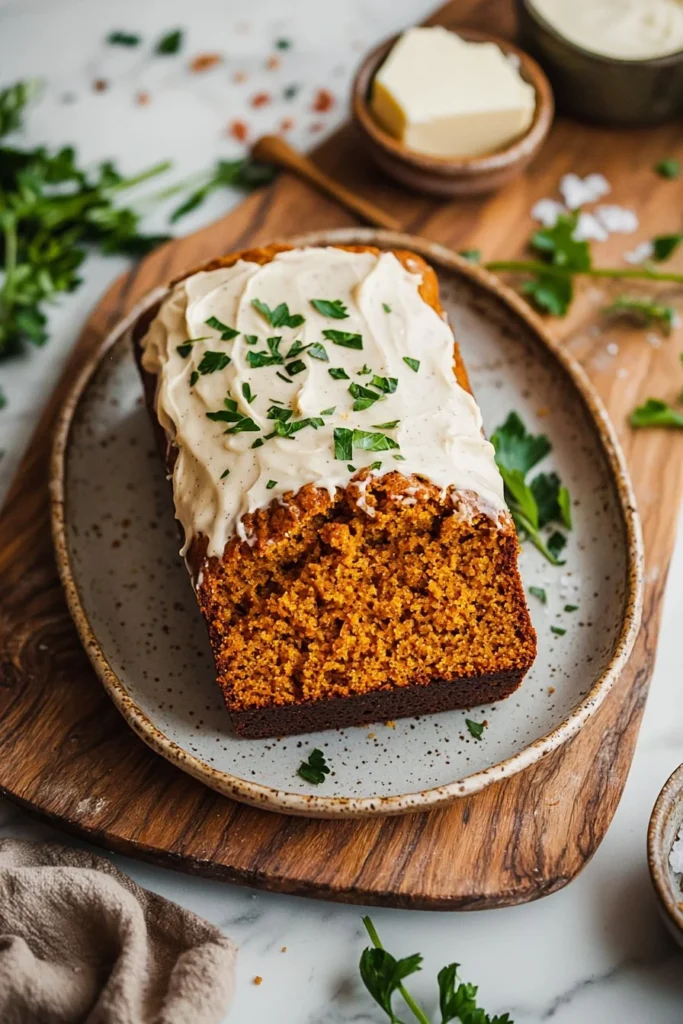 Slices of pumpkin bread with cream cheese frosting on a wooden table