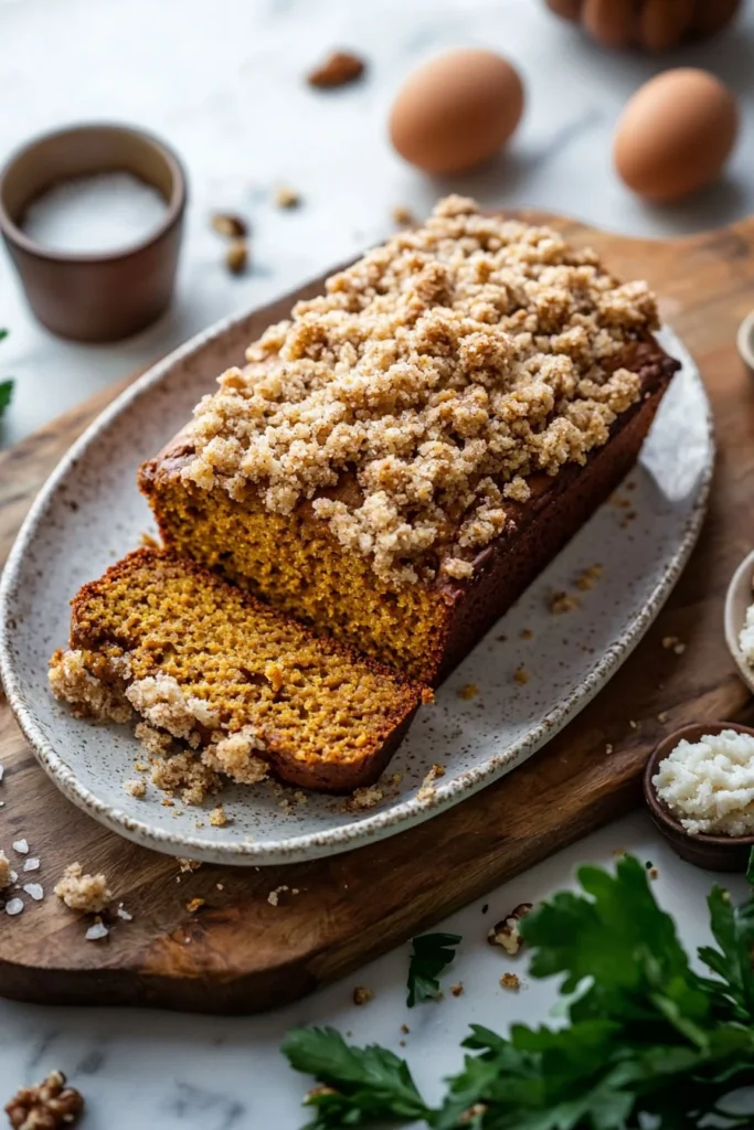 Loaf of pumpkin bread with a crumb topping, served on a rustic wooden surface.