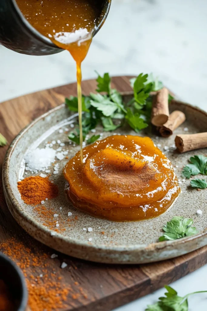 Homemade pumpkin butter in a jar with spices and pumpkins