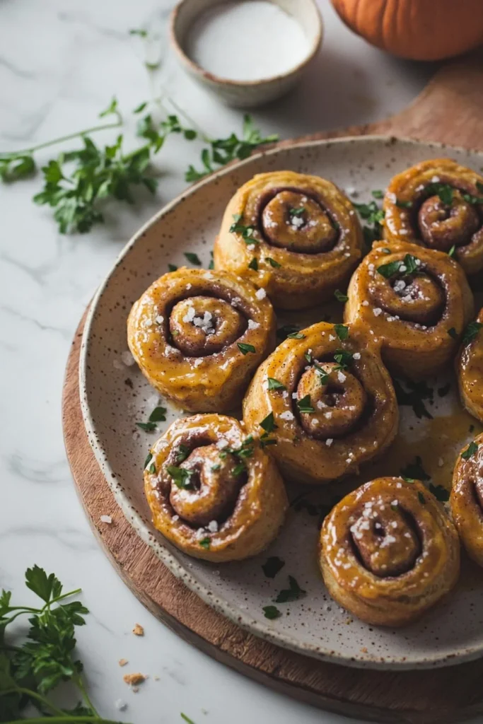 Delicious homemade pumpkin butter cinnamon rolls topped with cream frosting