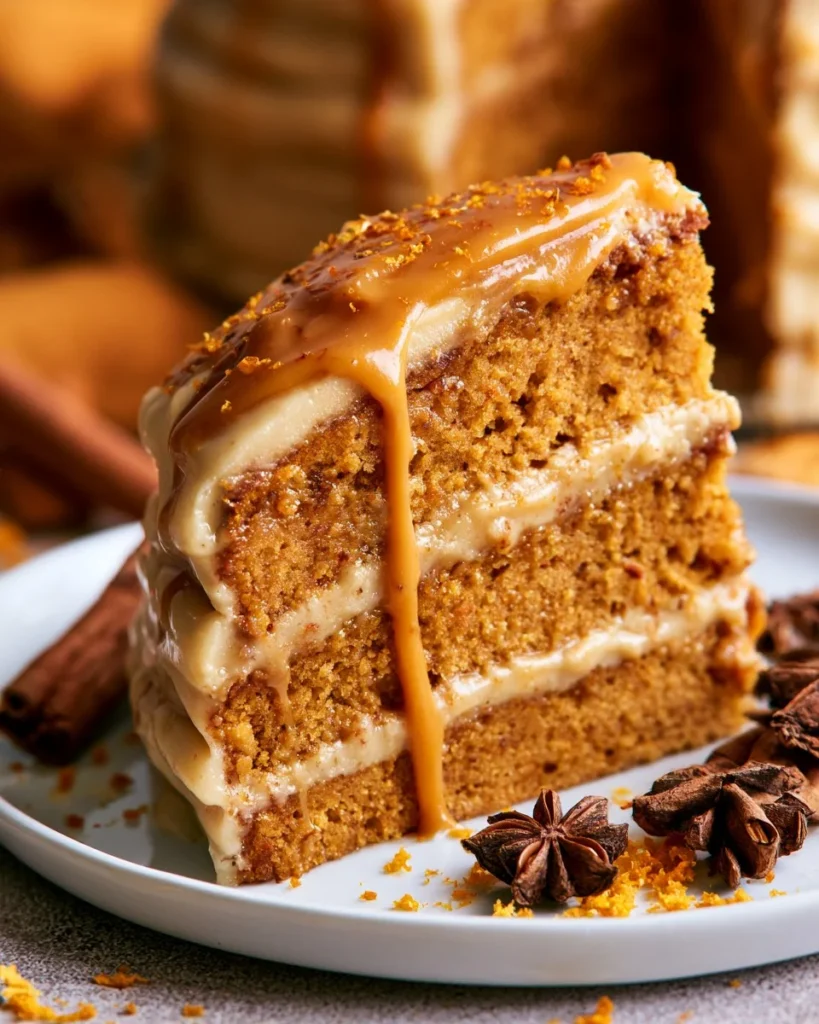 Slice of pumpkin cake with caramel cream cheese frosting on a plate