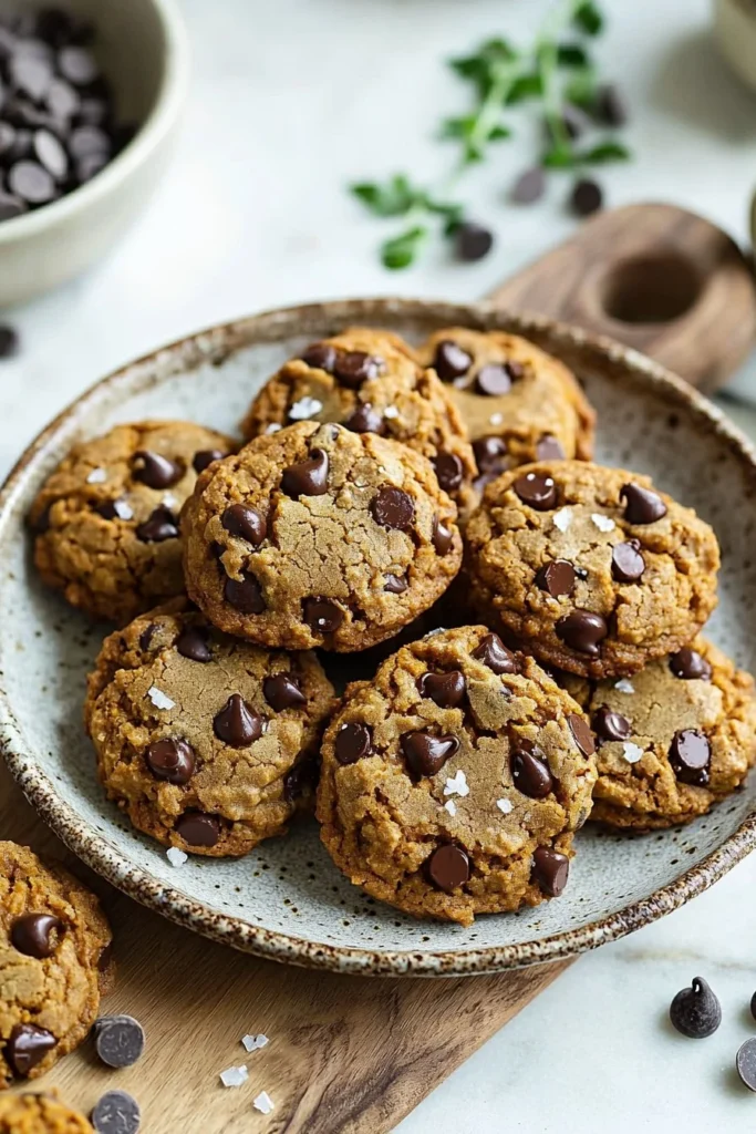 Freshly baked pumpkin chocolate chip cookies on a plate