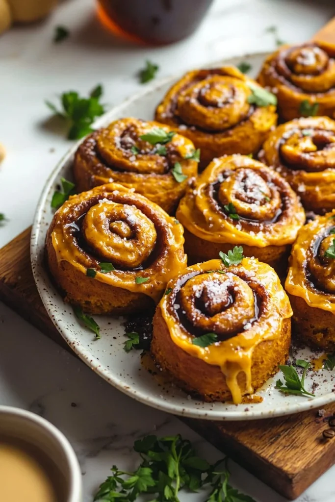 Pumpkin cinnamon rolls drizzled with coffee maple frosting on a wooden table.