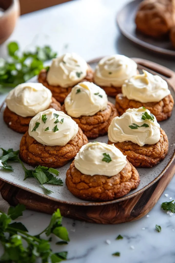Delicious pumpkin cookies with cream cheese frosting on a rustic wooden table