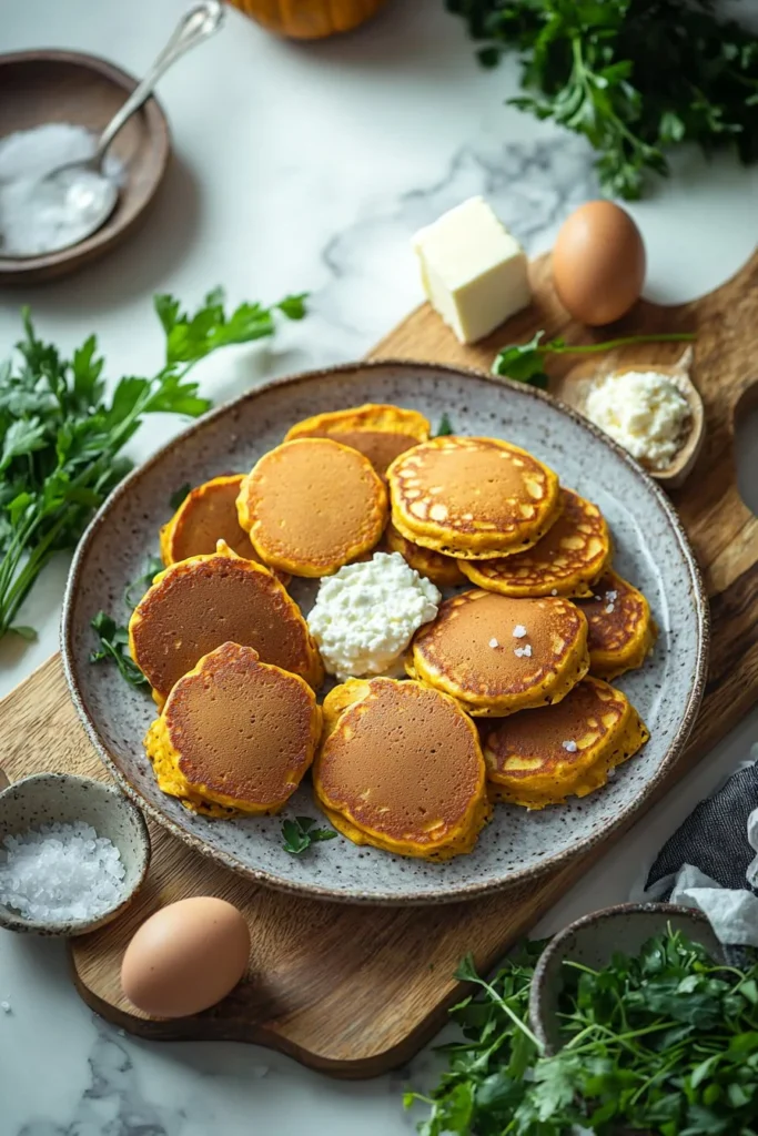 Fluffy pumpkin cottage cheese pancakes stacked with syrup and spices