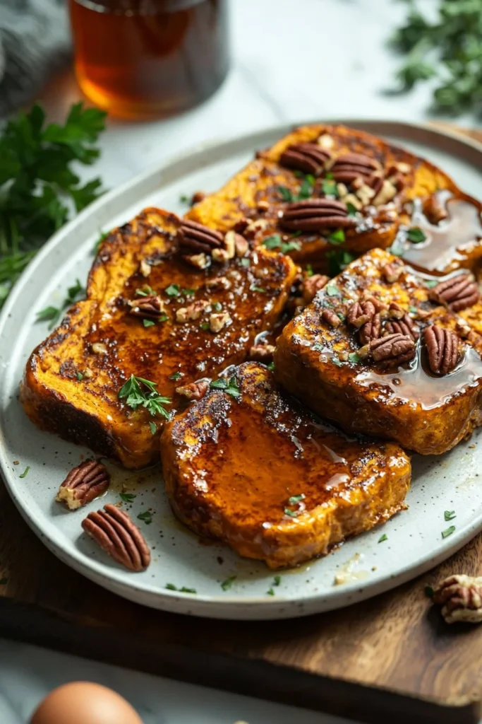 Pumpkin French Toast Bake topped with syrup and whipped cream