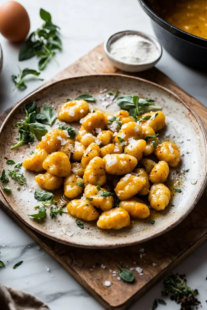 Delicious homemade pumpkin gnocchi served with a rich sauce