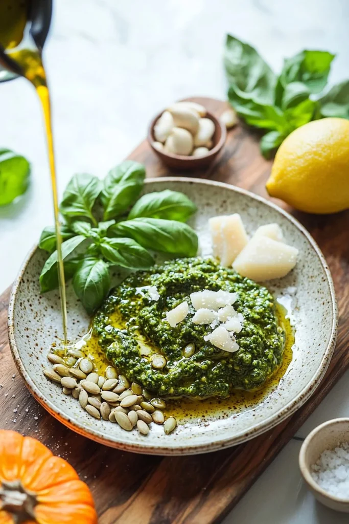 Bowl of vibrant pumpkin seed pesto with fresh herbs and garlic.