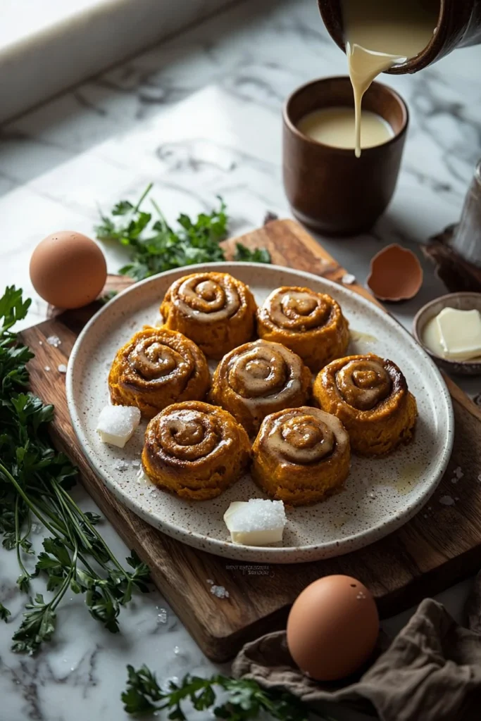 Freshly baked pumpkin spice buns with a cinnamon topping