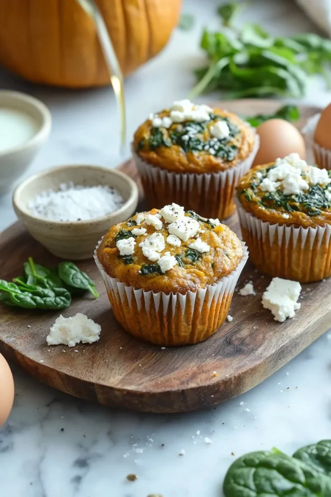 Savory pumpkin muffins with spinach and feta cheese, perfect for a healthy snack.