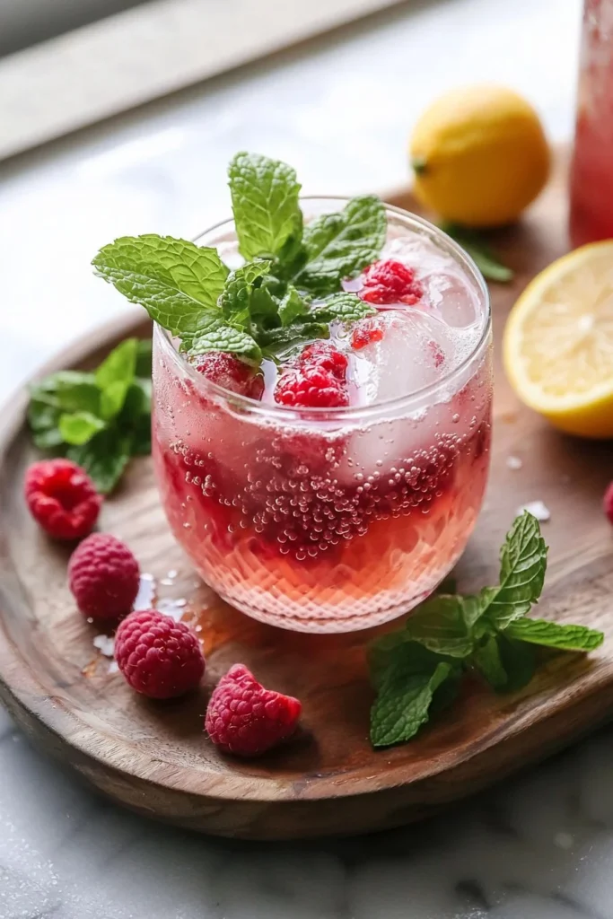 Refreshing Raspberry Citrus Sparkler drink with raspberries and citrus slices.