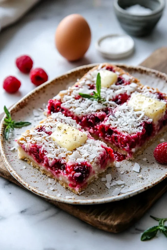 Delicious Raspberry Coconut Squares topped with fresh raspberries and coconut flakes.