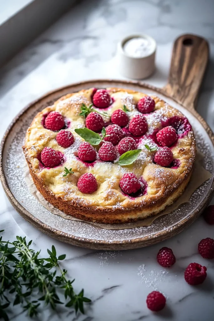 Freshly baked Raspberry Coffee Cake topped with berries and sugar glaze