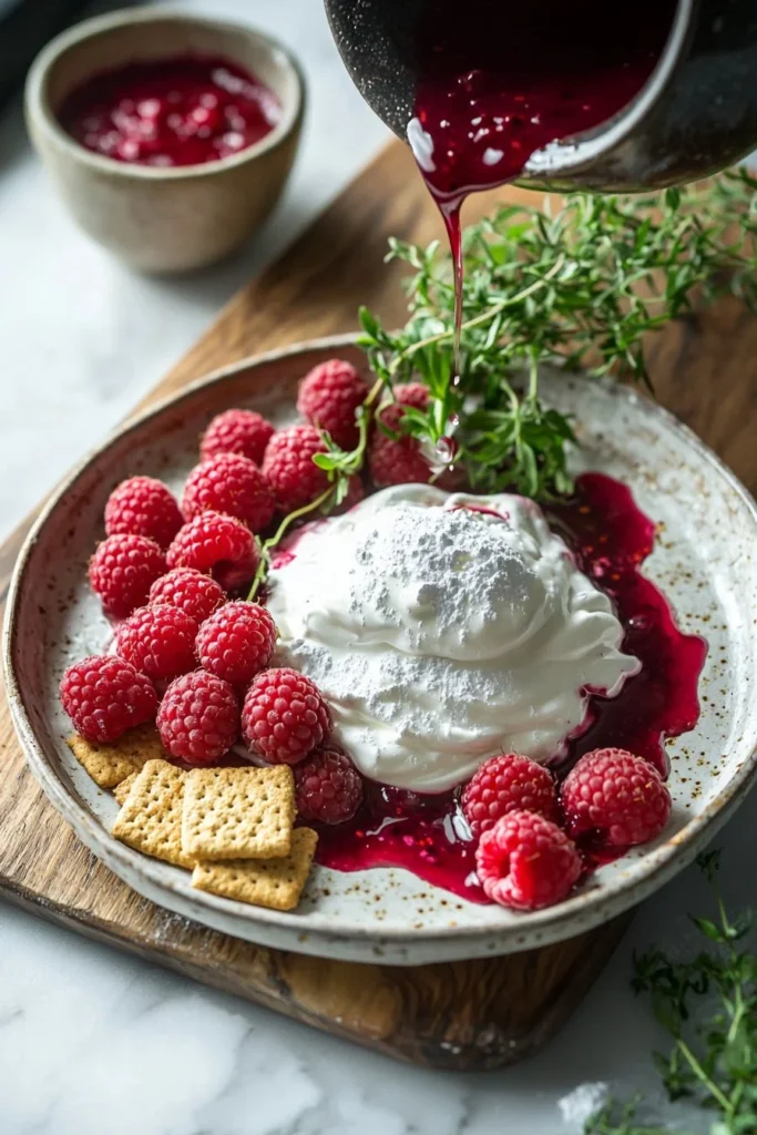 Decadent Raspberry Cream dessert served in a glass with fresh raspberries on top.