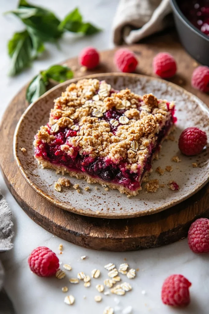 Delicious raspberry crumble bars topped with a buttery crumble layer