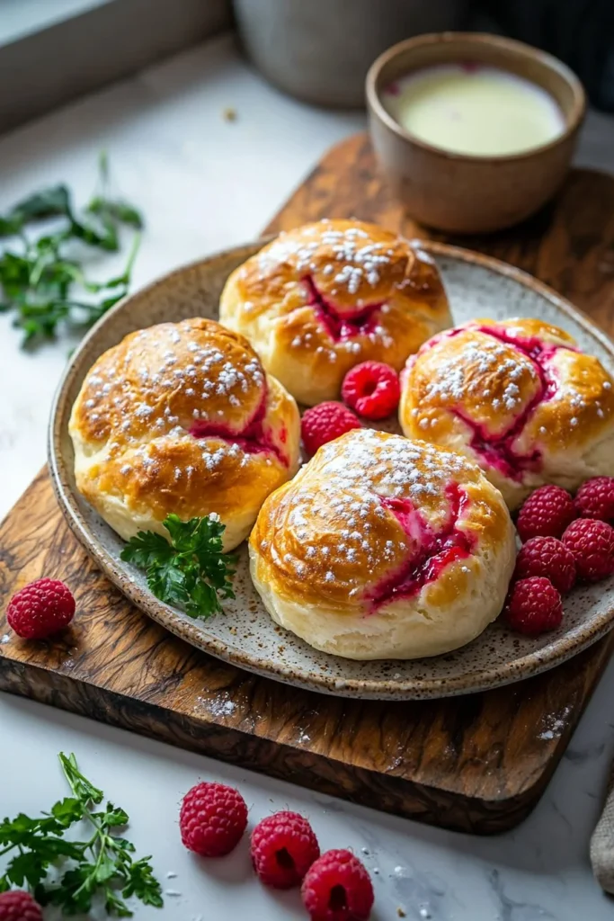 Freshly baked Raspberry Custard Buns with vibrant raspberry filling and creamy custard topping.