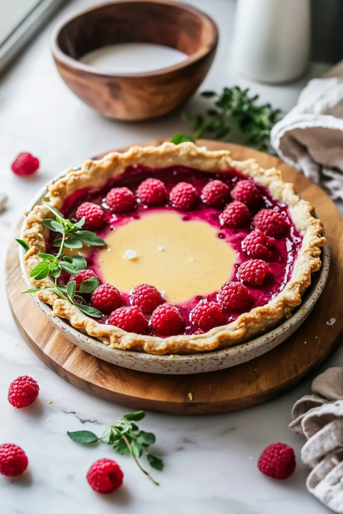 Slice of raspberry custard pie with fresh raspberries on top