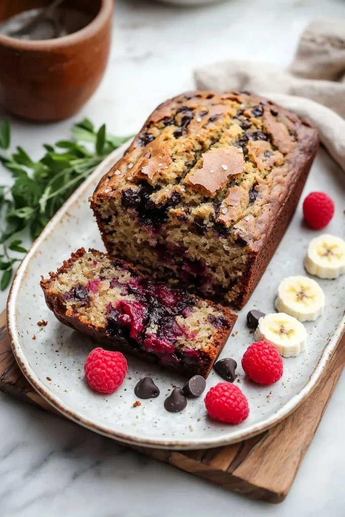 Raspberry Dark Chocolate Banana Bread with slices on a wooden board