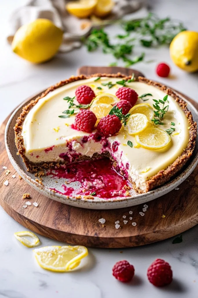 Delicious Raspberry Lemon Cheesecake with fresh raspberries and lemon zest.