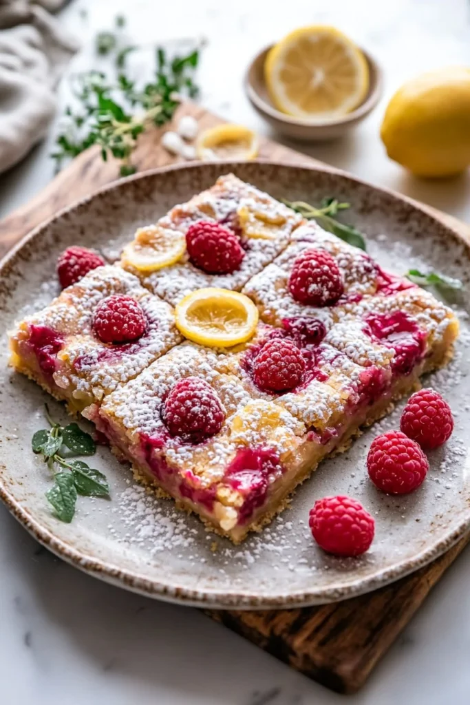 Delicious Raspberry Lemonade Bars served on a plate with fresh raspberries and lemon slices