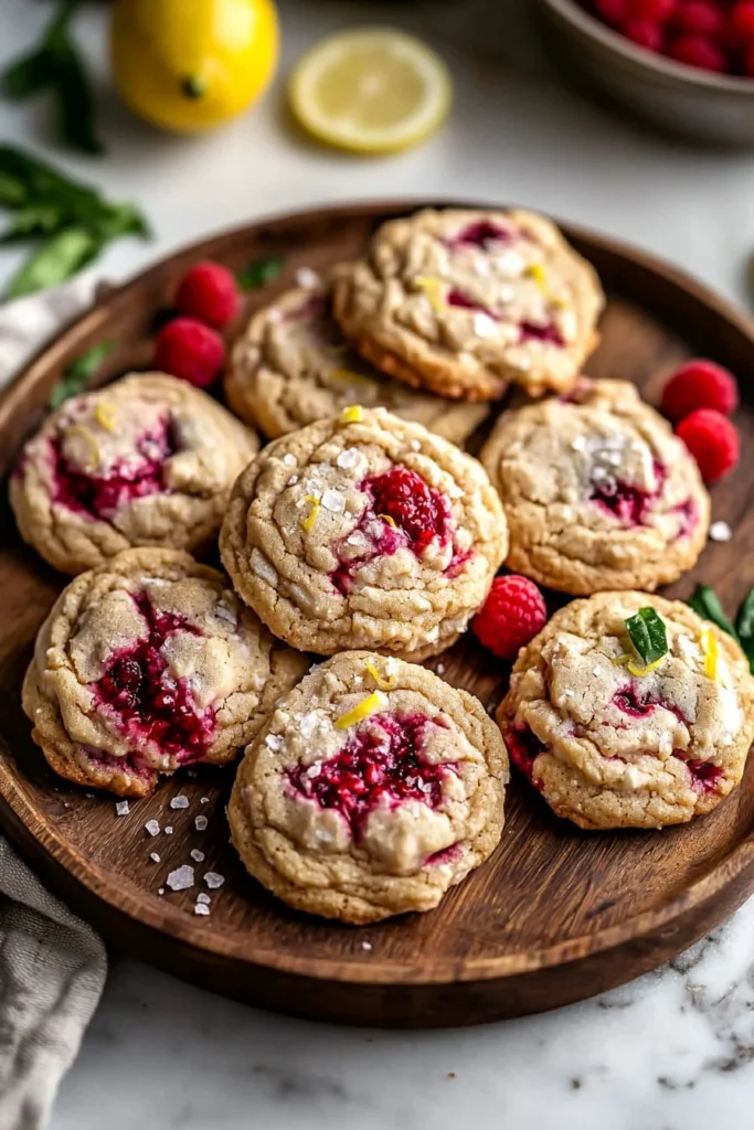Plate of homemade Raspberry Lemonade Cookies garnished with lemon slices.