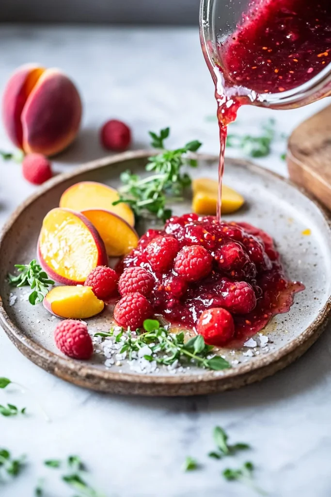 Jar of homemade Raspberry Peach Jam with fresh raspberries and peaches.