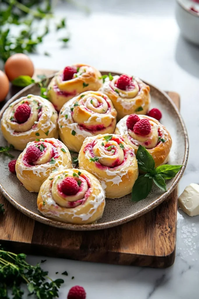 Freshly baked raspberry sweet rolls topped with creamy icing.