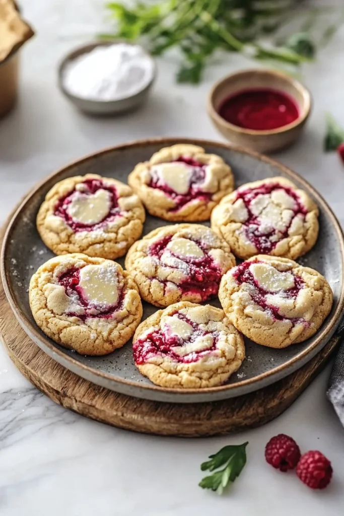 Freshly baked raspberry swirl cookies on a cooling rack