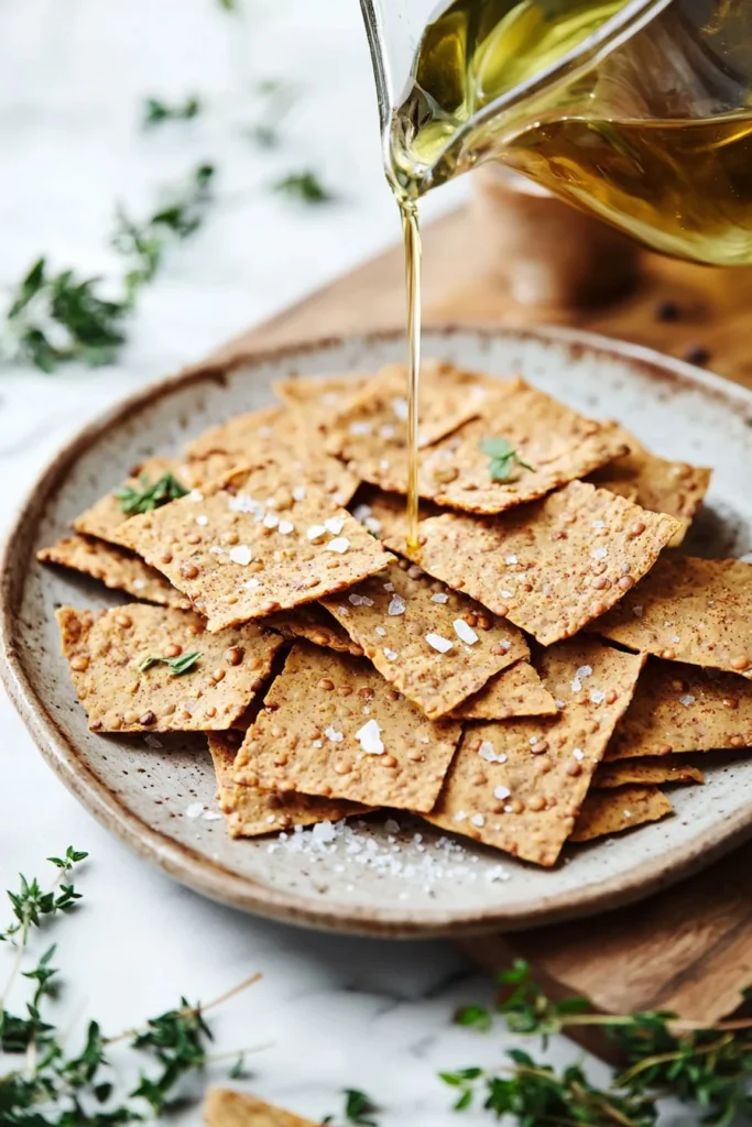 Homemade red lentil crackers on a wooden serving platter.
