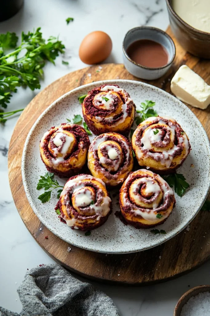 Delicious Red Velvet Cinnamon Rolls topped with cream cheese icing
